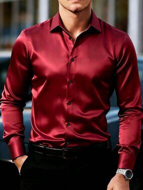Burgundy Business Men's Textured Long Sleeve Shirt